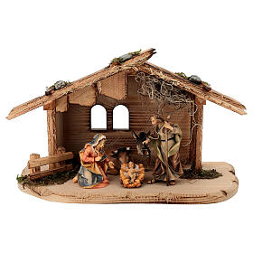 Heilige Familie mit Ochse und Esel in Hütte Mod. Original Grödnertal Holz 10cm