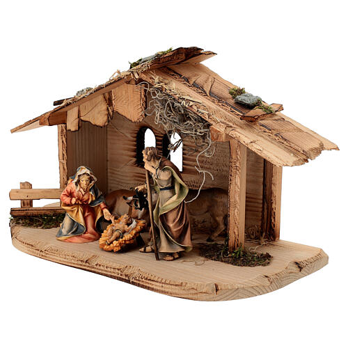 Sainte Famille avec boeuf et âne crèche Original bois peint Val Gardena 10 cm 5 pcs 3