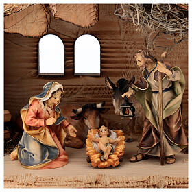 Sacred Family with Ox and Donkey 5 pcs, 10 cm Original Nativity model, in painted Valgardena wood