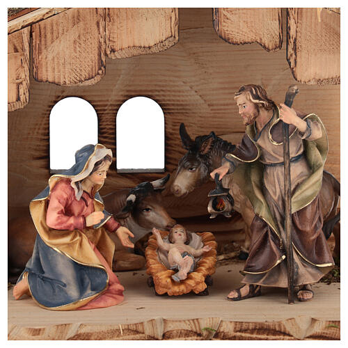 Sagrada Família com boi e burrinho presépio Original Val Gardena madeira pintada 12 cm 5 peças 2