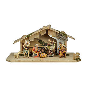 Stable with shepherds, ox and donkey, 12 cm Original Nativity model, in painted Val Gardena wood 8 pcs