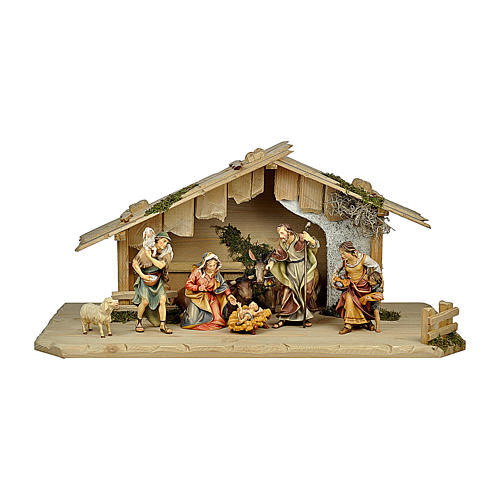 Stable with shepherds, ox and donkey, 12 cm Original Nativity model, in painted Val Gardena wood 8 pcs 1