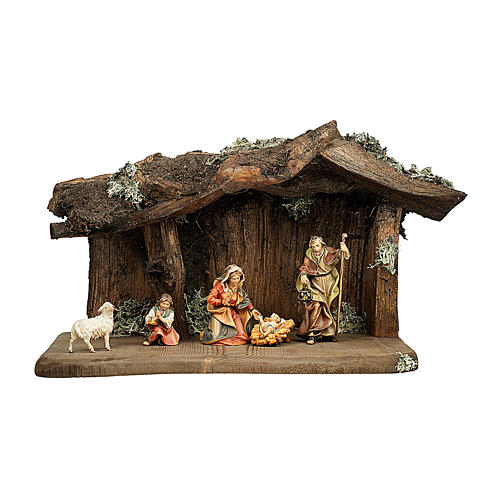 Sacred Family in the grotto, 12 cm Original Nativity model, in painted Valgardena wood - 5 pcs 1