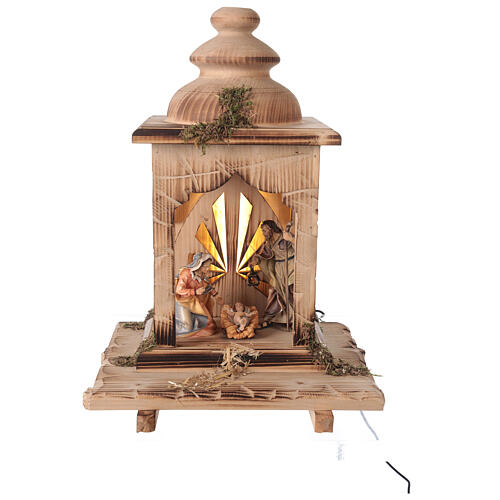 Holy Family in lantern with light Original Pastore Nativity Scene painted wood from Val Gardena 12 cm 1