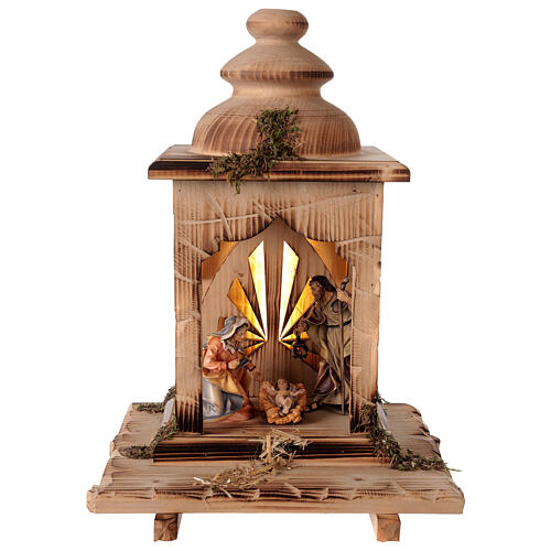 Sainte Famille dans la lanterne avec lumière crèche Original bois peint Val Gardena 12 cm 2