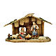 Heilige Familie mit Hütte und Schafen 10cm Mod. Original Pastore Grödnertal Holz s1