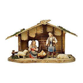 Wooden Stable with Holy Family and Sheep, 12 cm nativity Original Shepherd model, in painted Val Gardena wood - 5 pcs