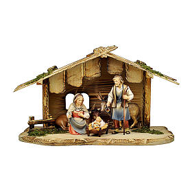 Holy Family with donkey and ox in stable Original Pastore model painted wood from Val Gardena 10 cm - 5 pieces.