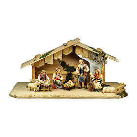 Nativity Scene with shepherd in stable Original Pastore model painted wood from Val Gardena 10 cm - 7 pieces