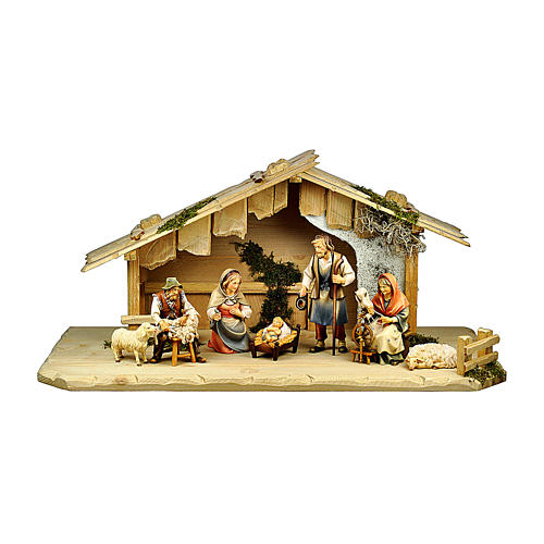 Presépio com pastores na casinha mod. Orginal Pastor Val Gardena madeira pintada 10 cm 7 peças 1