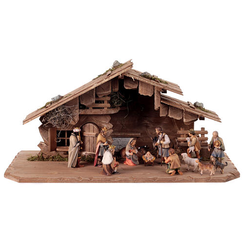 Complete Nativity set in stable 12 cm, mod. Original Shepherd, in painted Valgardena wood 14 pcs 1