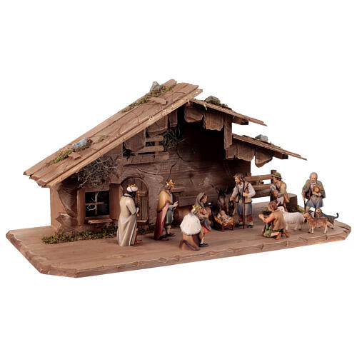 Complete Nativity set in stable 12 cm, mod. Original Shepherd, in painted Valgardena wood 14 pcs 7