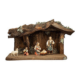 Holy Family in grotto 10 cm, nativity Original Shepherd, in painted Valgardena wood- 5 pcs