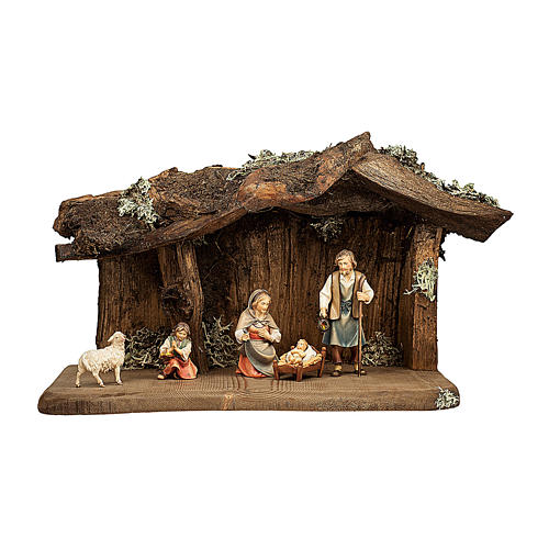 Nativity in Wood Grotto, 12 cm nativity Original Shepherd model, in painted Val Gardena wood - 5 pcs 1