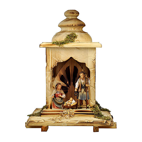 Natividad en la linterna para belén Original Pastor madera pintada de Val Gardena de altura media 12 cm 1