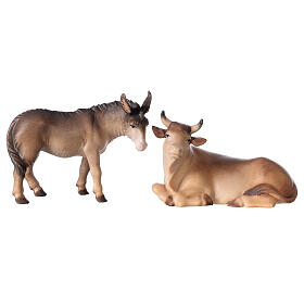 Lying down Ox and Standing Donkey, 10 cm nativity Original Redeemer model, in painted Valgardena wood