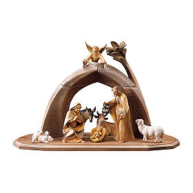 Nativity Scene in arched cave Original Redentore model in painted wood from Valgardena 10 cm - 9 pieces