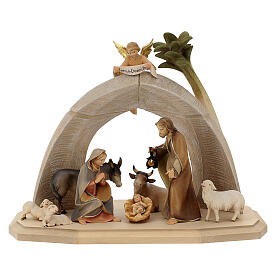 Curved Stable with Holy Family, 12 cm nativity Original Redeemer model, in painted Valgardena wood, 9 figurines