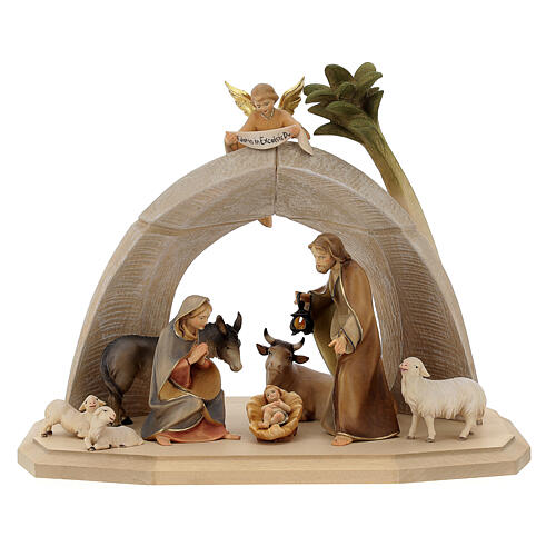 Curved Stable with Holy Family, 12 cm nativity Original Redeemer model, in painted Valgardena wood, 9 figurines 1