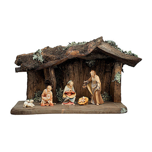 Holy Family with young shepherd in cave Original Redentore Nativity Scene in painted wood from Valgardena 10 cm - 6 pieces 1