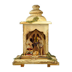 Lantern with Holy Family with light 12 cm, nativity Original Redeemer, in painted Val Gardena wood