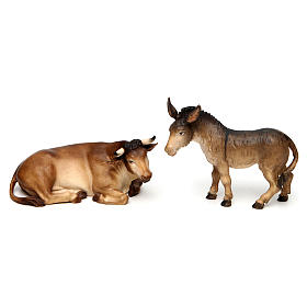 Brown ox lying and donkey standing 12 cm, nativity Original Comet, in painted Val Gardena wood