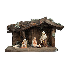 Holy Family in wood grotto 10 cm, nativity Original Comet, in painted Valgardena wood - 7 pcs