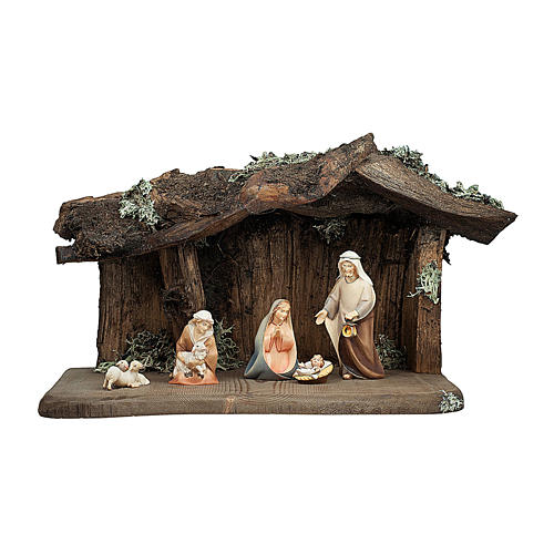 Holy Family with rustic stable 12 cm, nativity Original Comet, in painted Val Gardena wood- 7 pcs 1