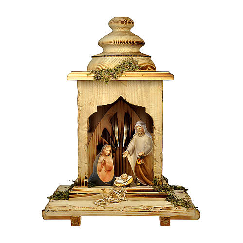 Ste Famille dans lanterne avec lumière crèche Original Comète bois peint Val Gardena 12 cm 1