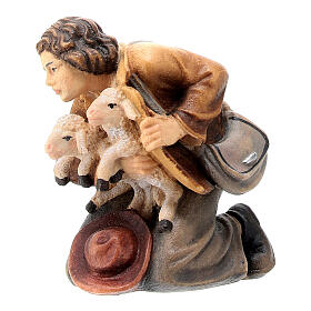 Pastore inginocchiato con 2 agnelli legno dipinto presepe Kostner 9,5 cm