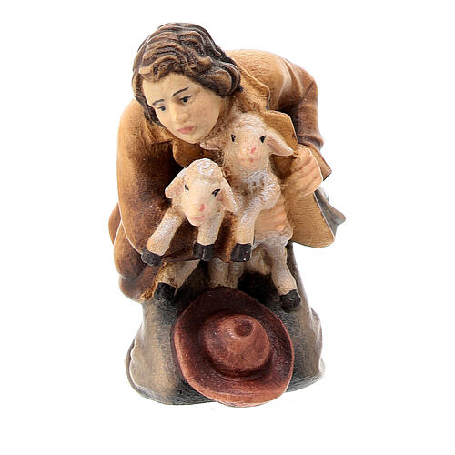 Shepherd kneeling with two lambs 9.5 cm, nativity Kostner, in painted wood 1