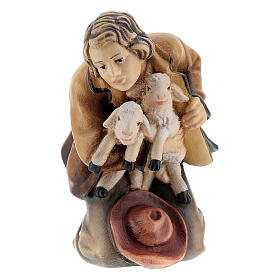 Shepherd kneeled with two lambs in painted wood, Kostner Nativity scene 12 cm
