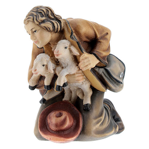 Shepherd kneeled with two lambs in painted wood, Kostner Nativity scene 12 cm 2