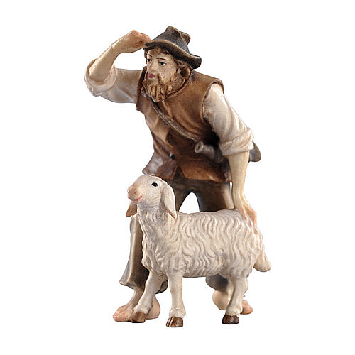 Berger avec mouton bois peint crèche Kostner 9,5 cm 1