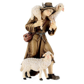 Man with sheep in painted wood, Kostner Nativity scene 9.5 cm