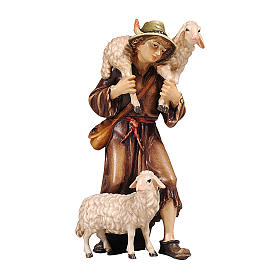 Berger avec mouton bois peint crèche Kostner 9,5 cm