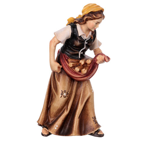 Woman with logs in painted wood, Kostner Nativity scene 9.5 cm 1