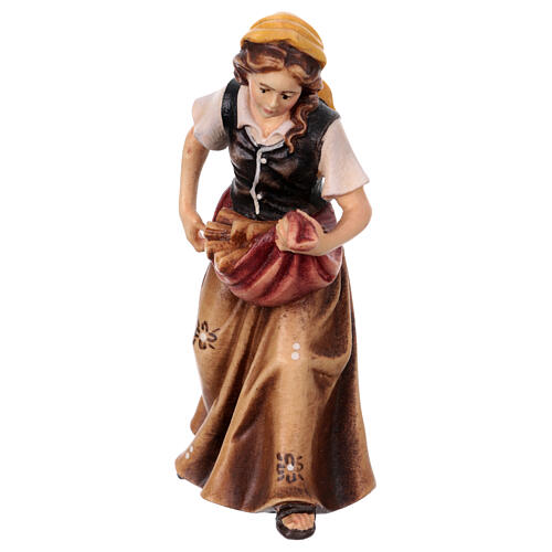 Woman with logs in painted wood, Kostner Nativity scene 9.5 cm 2