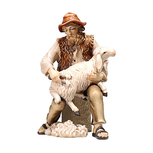 Pastore seduto con pecora legno dipinto Kostner presepe 9,5 cm 1