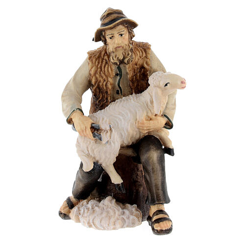 Berger assis avec mouton bois peint crèche Kostner 12 cm 1