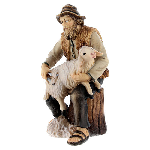 Pastore seduto con pecora legno dipinto presepe Kostner 12 cm 2
