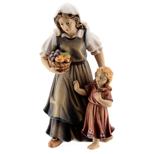 Woman with girl in painted wood, Kostner Nativity scene 12 cm 1