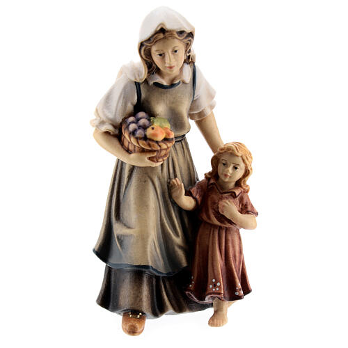 Woman with girl in painted wood, Kostner Nativity scene 12 cm 2