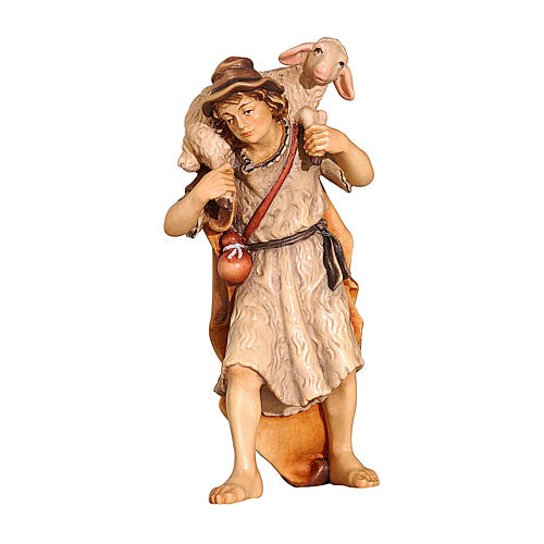 Shepherd with lamb in painted wood, Kostner Nativity scene 9.5 cm 1
