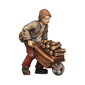 Boy with wheelbarrow in painted wood, Kostner Nativity scene 9.5 cm