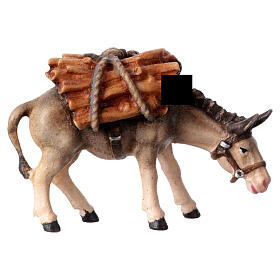 Donkey with logs in painted wood, Kostner Nativity scene 9.5 cm