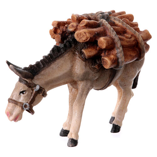 Donkey with logs in painted wood, Kostner Nativity scene 9.5 cm 3