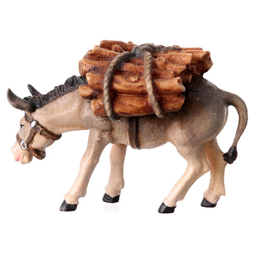 Donkey with logs in painted wood, Kostner Nativity scene 9.5 cm 4