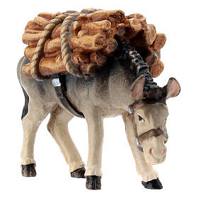 Donkey with logs in painted wood, Kostner Nativity scene 12 cm