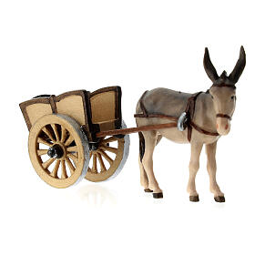 Donkey and cart in painted wood, Kostner Nativity scene 9.5 cm